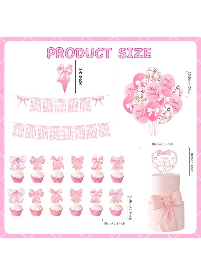 32 Pcs Pink Bow Themed Happy Birthday Party Decorations set, Happy Birthday Banner Hanging Swirls Balloons Cake Toppers Supplies Decor - Image 2